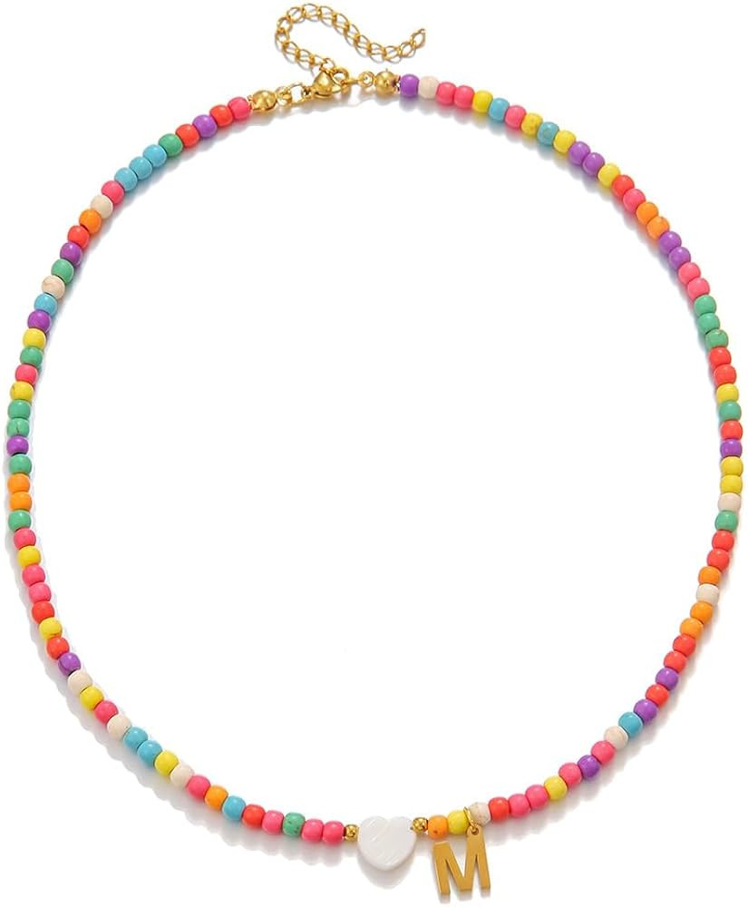 Gold Initial Necklace for Women - Handmade Bohemian Colorful Beaded Initial Stainless Steel 18K P... | Amazon (US)