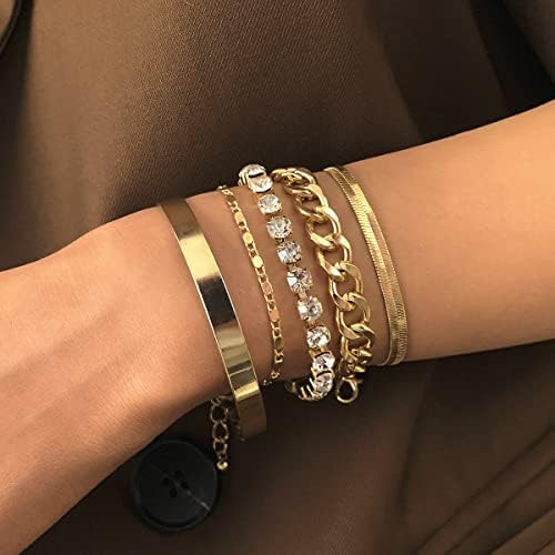 Sither 5 Pcs Chain Bracelet Set for Women Link Bracelet Pack Chunky Punk Gold Crystal Chain Bracelet | Amazon (US)