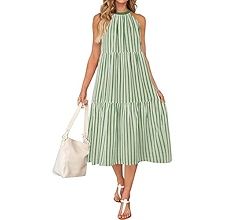 ZESICA Women's Summer Striped Midi Dress 2024 Casual Sleeveless Halter Neck Tiered Flowy Holiday ... | Amazon (US)