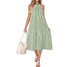 ZESICA Women's Summer Striped Midi Dress 2024 Casual Sleeveless Halter Neck Tiered Flowy Holiday ... | Amazon (US)