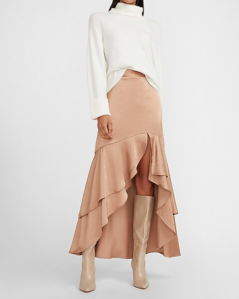 High Waisted Satin Hi-Lo Flounce Maxi Skirt | Express