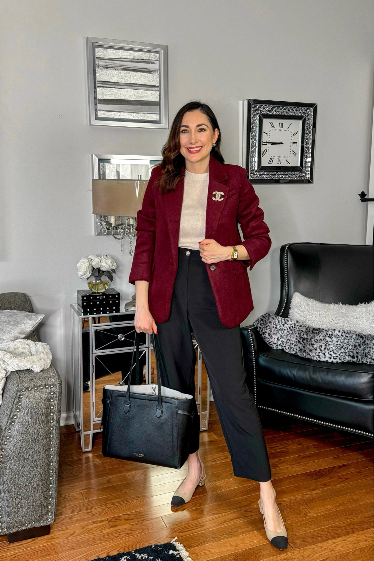 Business professional work outfit ❤️

Burgundy blazer size small, fits slightly oversized (still available in houndstooth print)
Cream short sleeve sweater 
Black high waisted pants 
Cap toe sling backs 

Work wear 
Office outfit 
Interview outfit 

#LTKShoeCrush #LTKStyleTip #LTKWorkwear