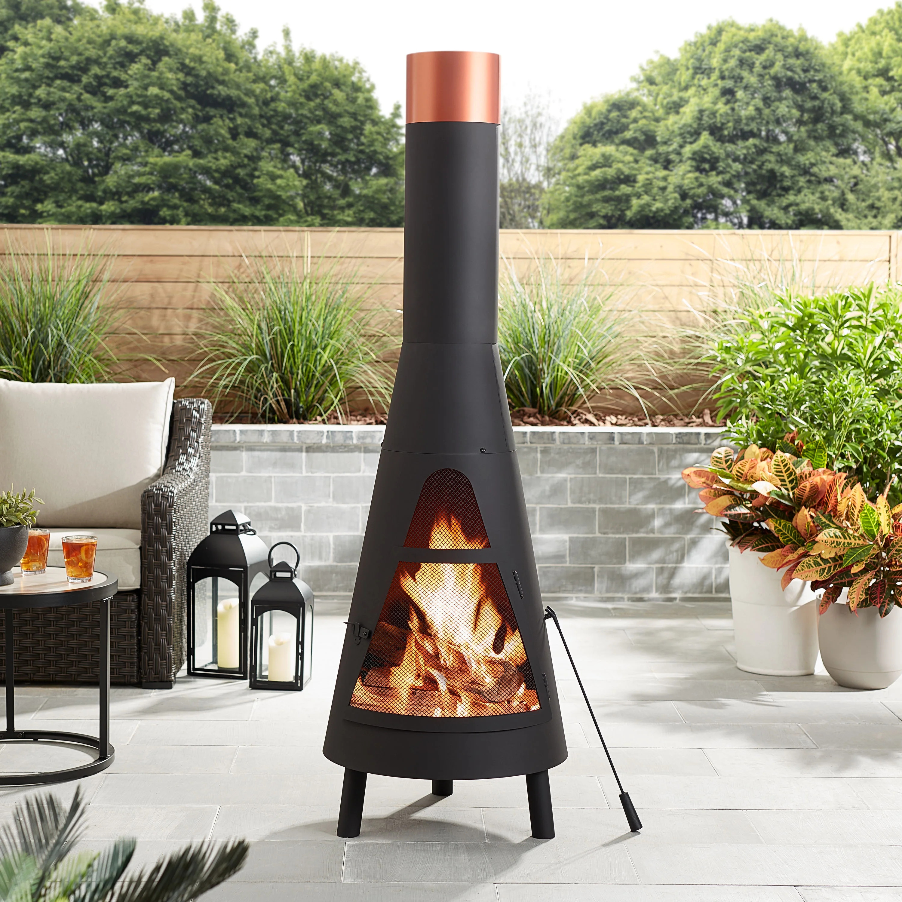 Mainstays 67” Tall Round Powder-Coated-Black Finish Steel Wood Burning Chiminea | Walmart (US)