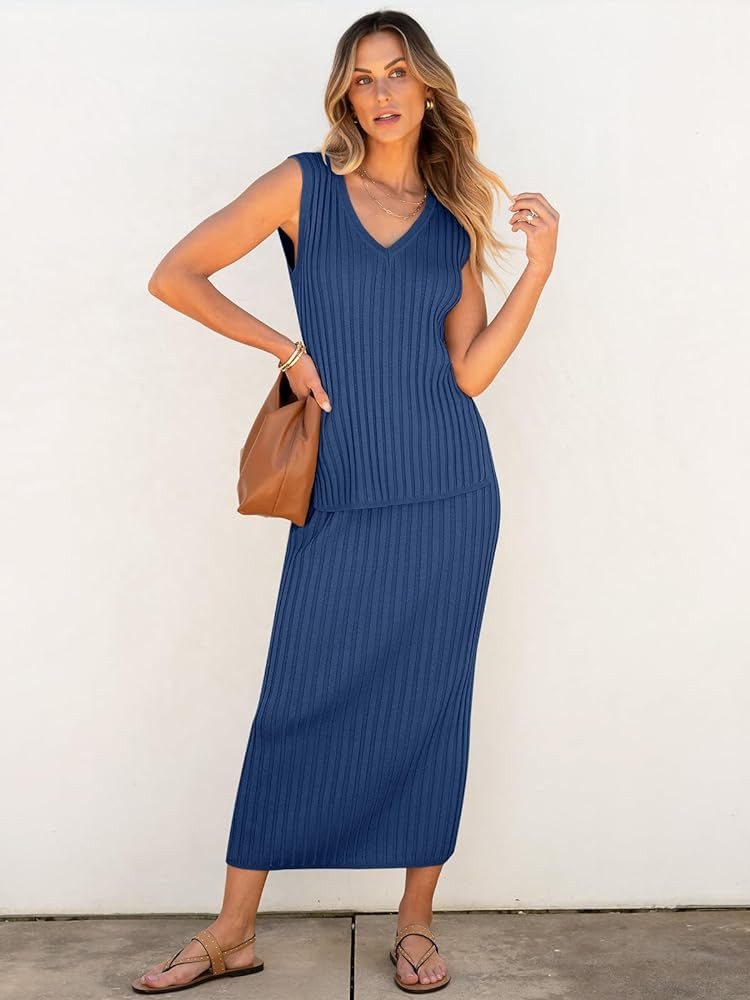 ANRABESS Women's 2 Piece Outfits Summer Sweater Skirt Sets Casual Sleeveless V Neck Ribbed Vest K... | Amazon (US)