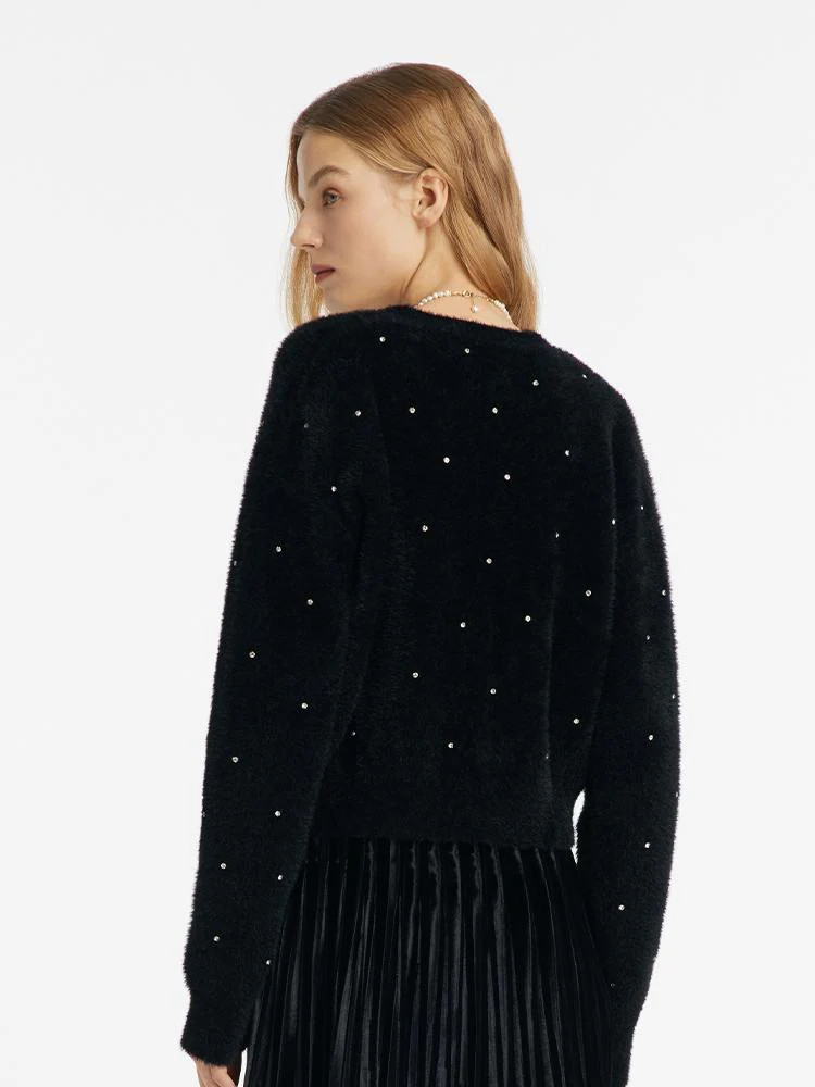 Black V-Neck Rhinestone Knitted Women Cardigan | GOELIA