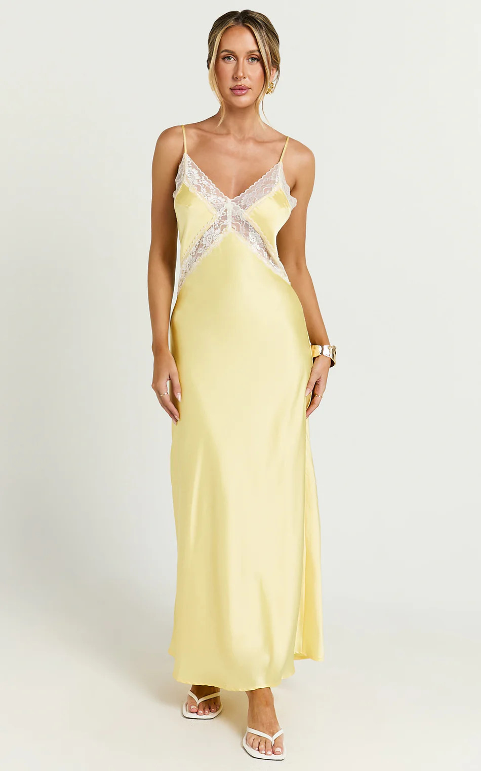 Christy Midi Dress - V Neck Lace Detail Slip Dress in Lemon | Showpo (US, UK & Europe)