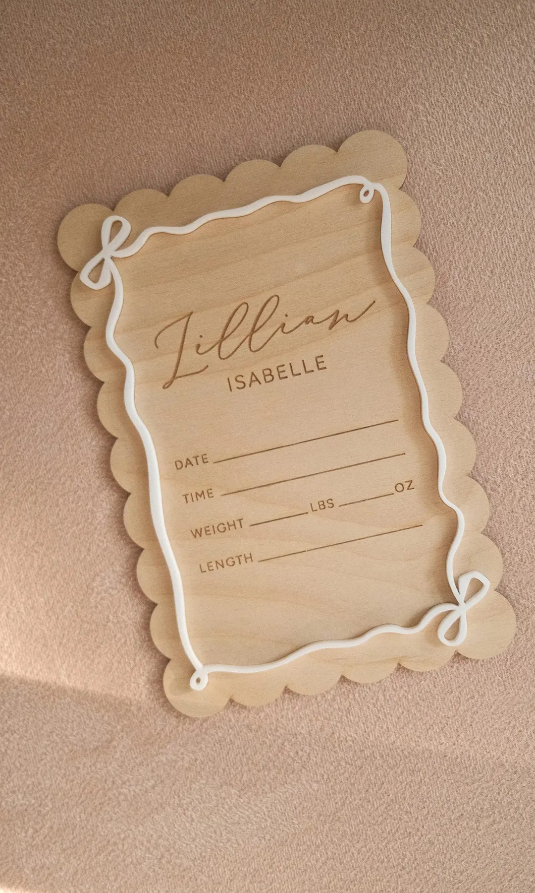 Baby Girl Name Sign: Bow Border Birchwood Birth Announcement | Etsy (US)
