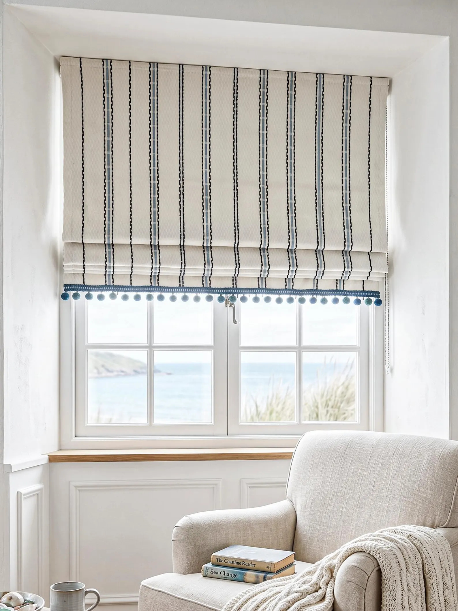 Coastal Roman Shade, White Blue Stripe Curtain with Pom Pom Fringe | Etsy (Global)