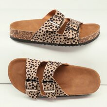 Cheetah Print Twin Buckle Footbed Sandals | SHEIN