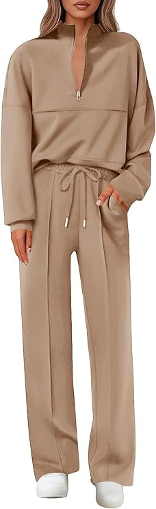 Lazysmile 2 Piece Sets For Women Lapel Half Zip Sweatshirt and Wide Leg Long Pants Sweatsuit Loun... | Amazon (US)