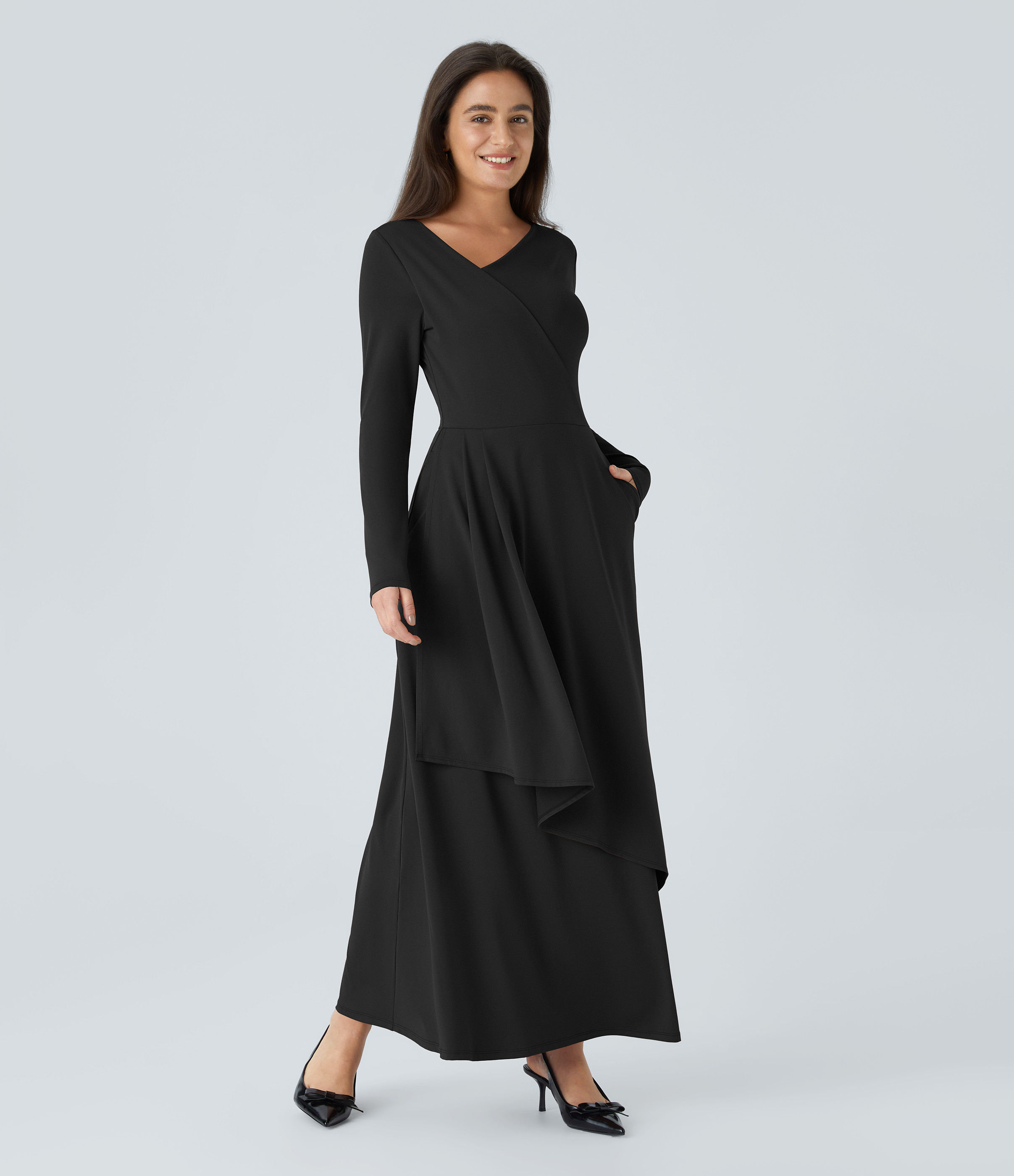 Halara Asymmetric V Neck Long Sleeve Pocket Layered Hem Maxi Dress Casual Dress - Black - XS slip dress beach dress ruched dress halter dress | HALARA