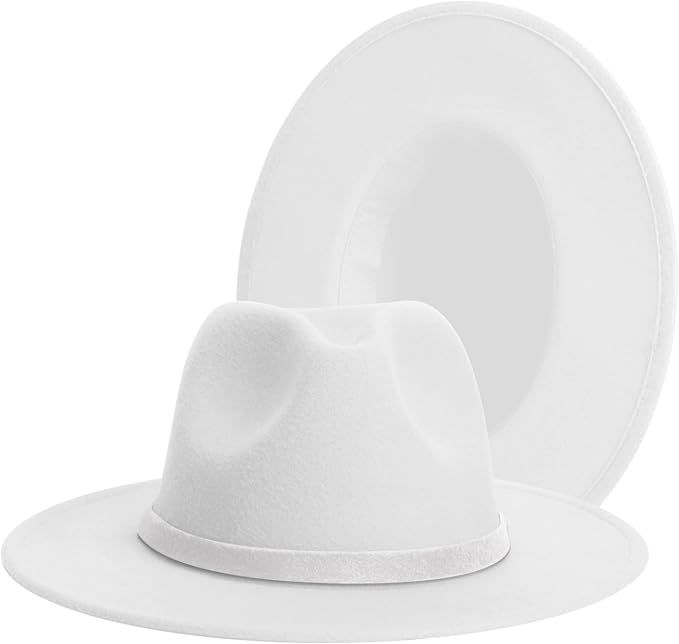 Wide Brim Fedora Hats for Women and Men Classic Felt Panama Hat Men's Two Tone Dress Hat with Bel... | Amazon (US)