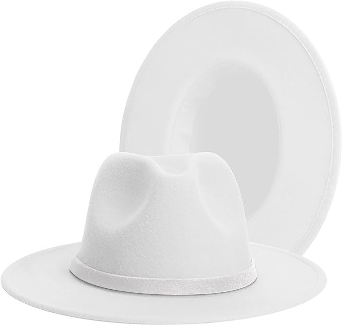 Wide Brim Fedora Hats for Women and Men Classic Felt Panama Hat Men's Two Tone Dress Hat with Bel... | Amazon (US)