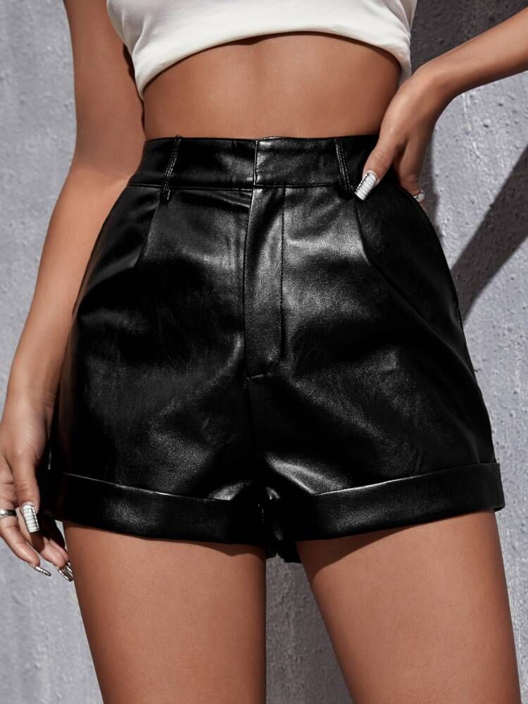 High Waist Roll Hem PU Leather Shorts | SHEIN