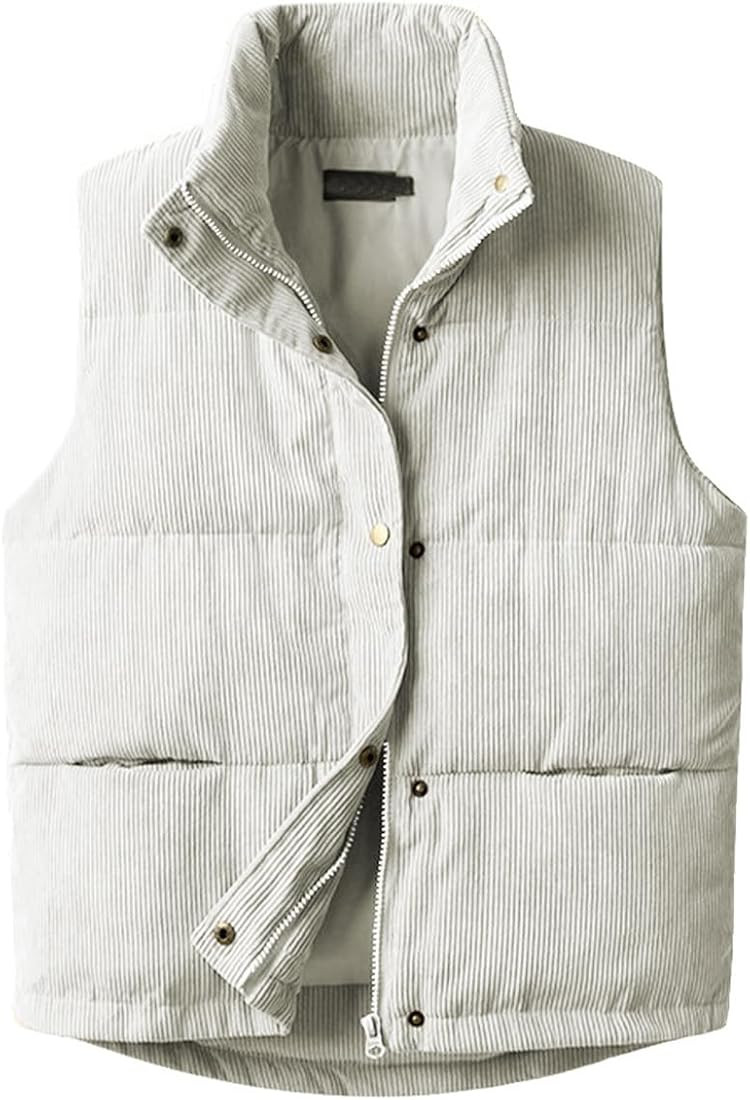 Womens Corduroy Puffer Vest Sleeveless Stand Collar Zip Up Snap Lightweight Jacket Padded Gilet O... | Amazon (US)
