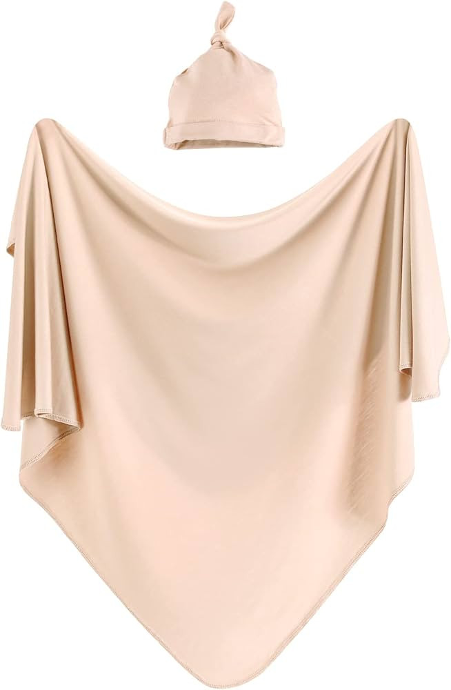 iEvolve Cotton Knitted Baby Swaddle Blanket with Hat Headband Set Newborn Swaddle Wrap Receiving ... | Amazon (US)