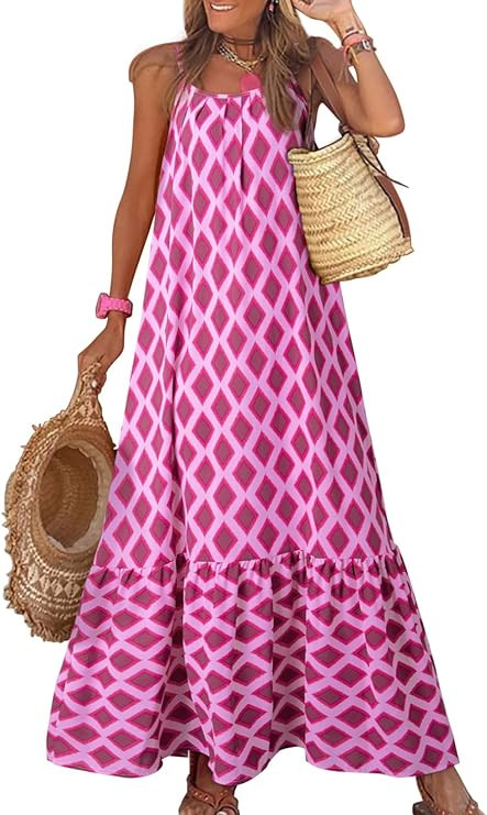 Dokotoo Women Summer Dresses 2026 Spaghetti Strap Scoop Neck Smocked Ruffle Flowy Boho Maxi Dress | Amazon (US)