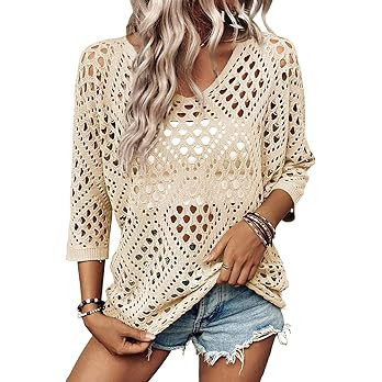 SHEWIN Womens Summer Tops Hollow Out Beach Crochet Cover Ups V Neck 3/4 Sleeve Pullover Sweater S... | Amazon (US)