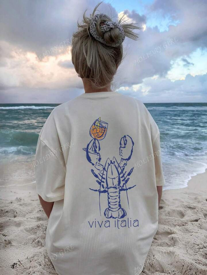 Women's Summer New Simple Coconut Tree Beach Print Leisure Vacation Style Loose Versatile Round N... | SHEIN