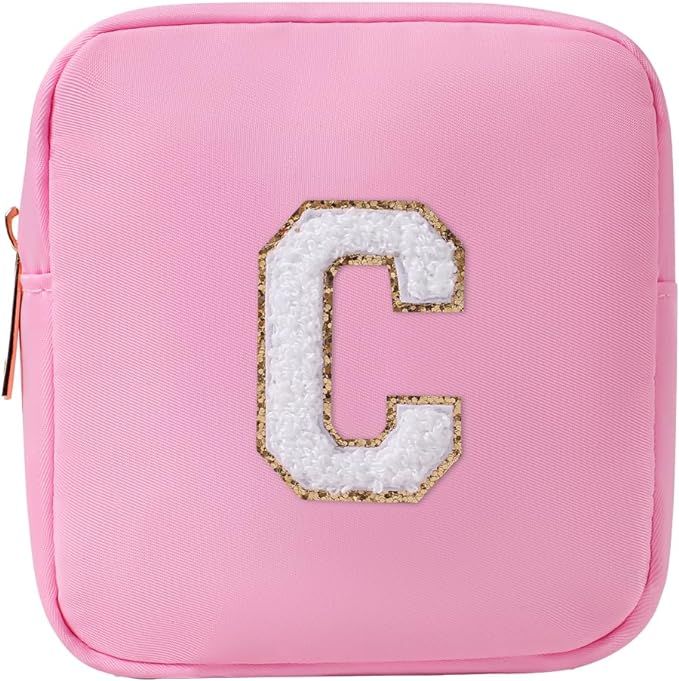 Personalized Initial Cute Pink Makeup Bag Monogrammed Birthday Gift for Women and Girls, Chenille... | Amazon (US)