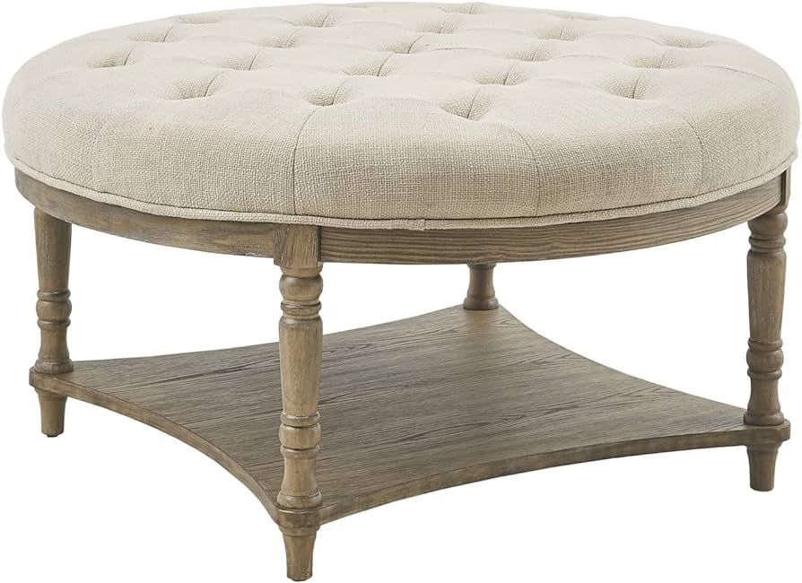 Martha Stewart Cedric Cocktail Ottoman-Round Button Tufted, Upholstered Coffee Table with Shelf f... | Amazon (US)