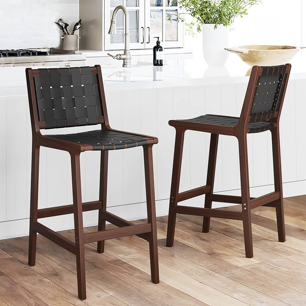 LUE BONA Counter Height Bar Stools 26inch, Set of 2 Faux Leather Woven Counter Stool with Backs, ... | Amazon (US)