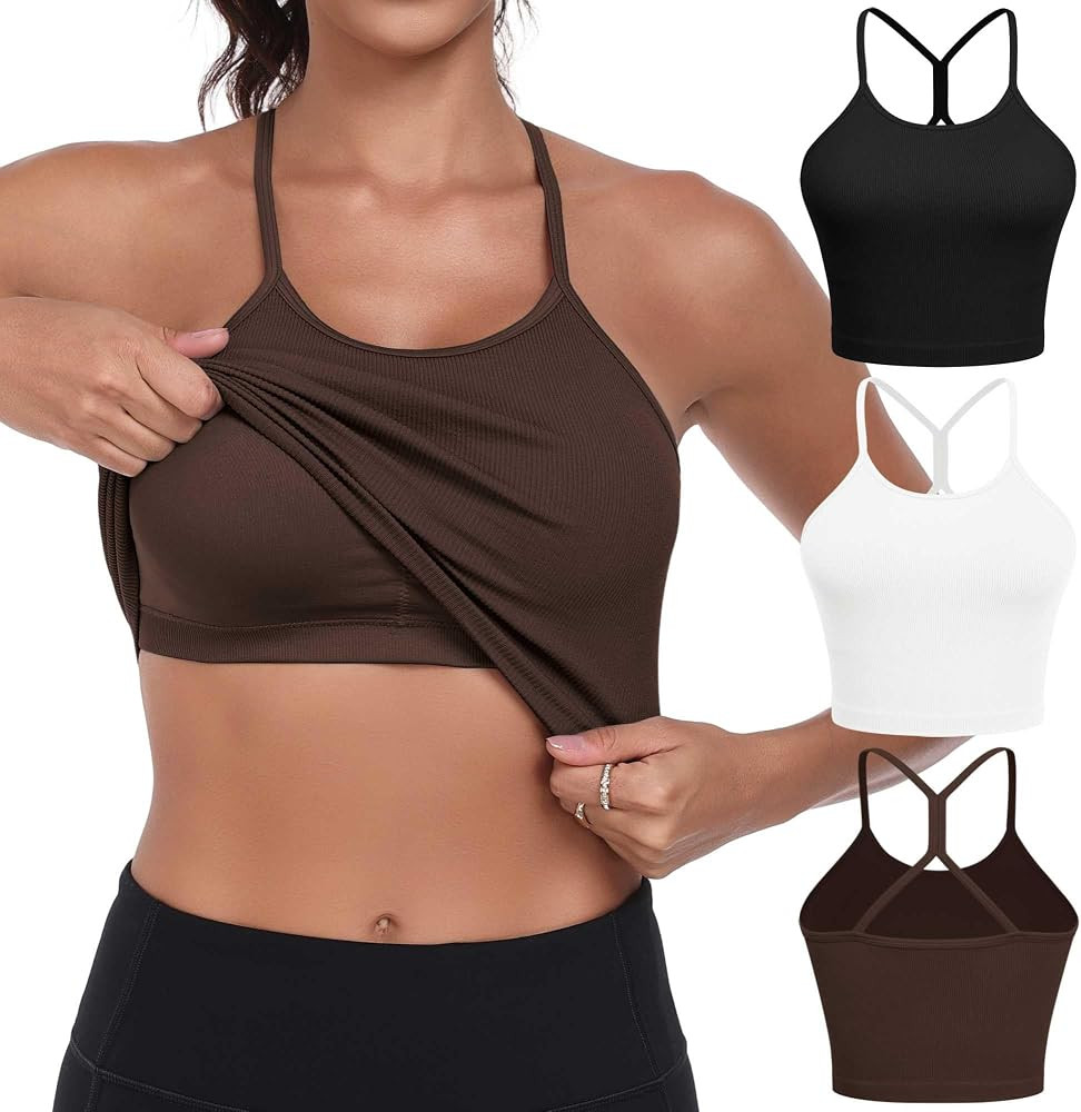 VEQKING Women Sports Bras High Neck Seamless Ribbed Longline Yoga Tank Tops with Built in Bra, 3 ... | Amazon (US)