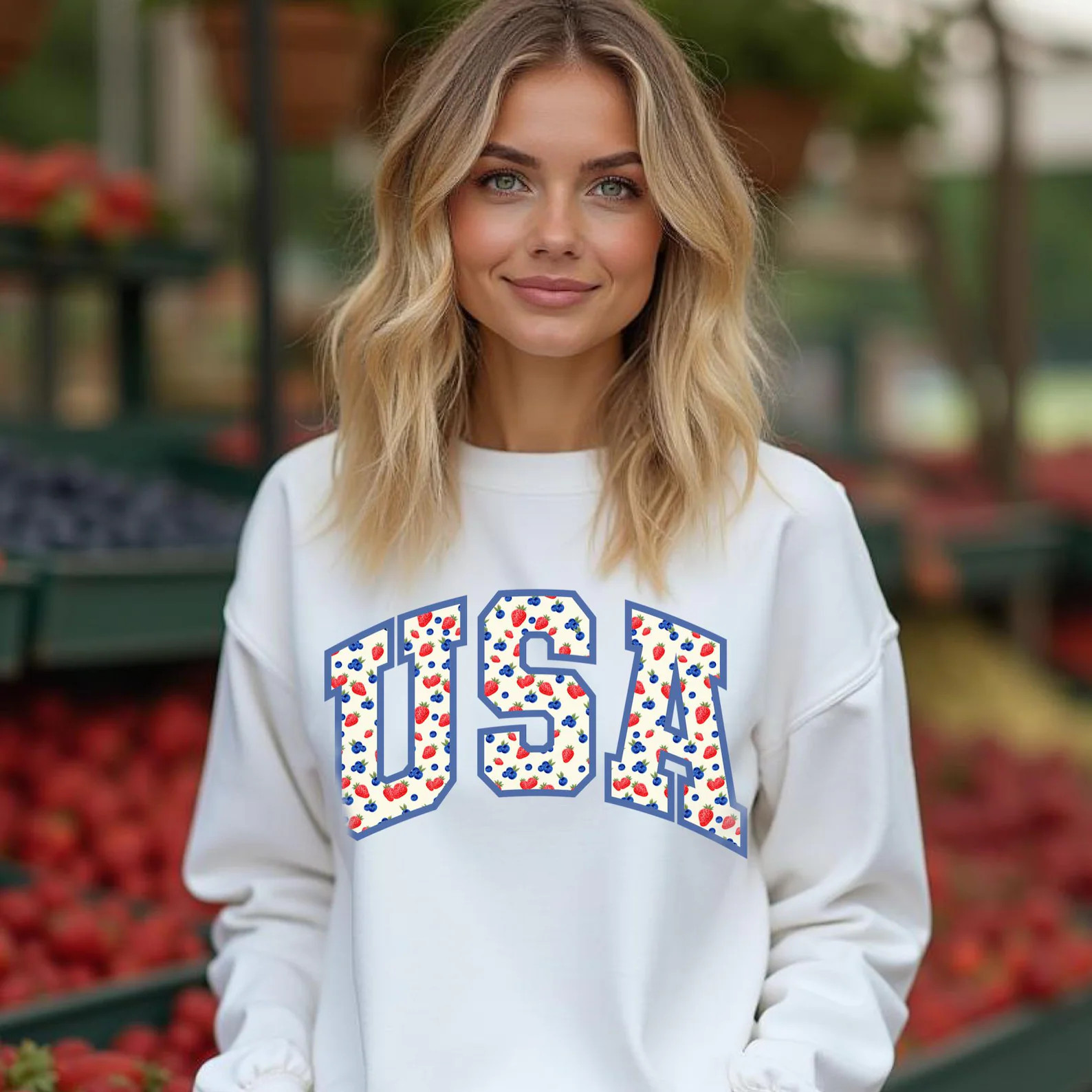 USA Strawberry Sweatshirt,Patriotic Varsity Crewneck, 4th of July Shirt, American Girls Sweatshir... | Etsy (Global)