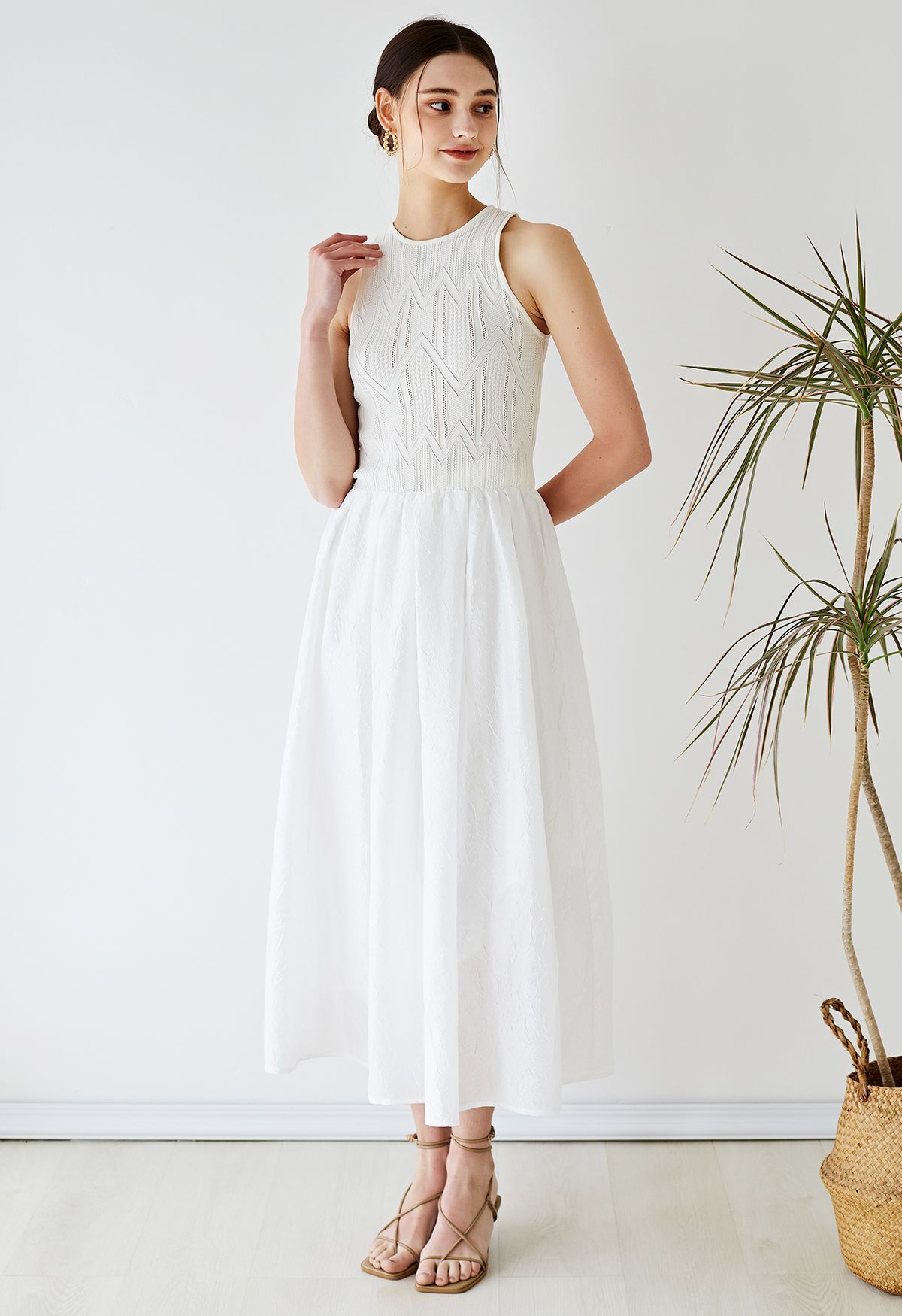 Knit Splicing Texture Sleeveless Dress in White | Chicwish