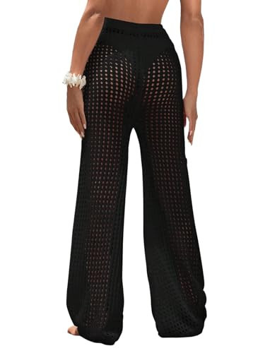 RoseSeek Women's Cover Up Beach Pants Hollow Out Drawstring High Elastic Waist Swimsuit Beach Cover Up Pants Black S | Amazon (US)