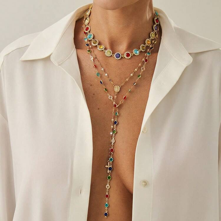 3pcs/Set Vintage Metal Cross Pendant Y-Necklace, Bohemian Style Colorful Crystal Beads Necklace Set, Suitable For Women's Daily And Holiday Wear, Gift For Friends (Crystal Bead Color And Quantity May Vary From Actual Product) | SHEIN
