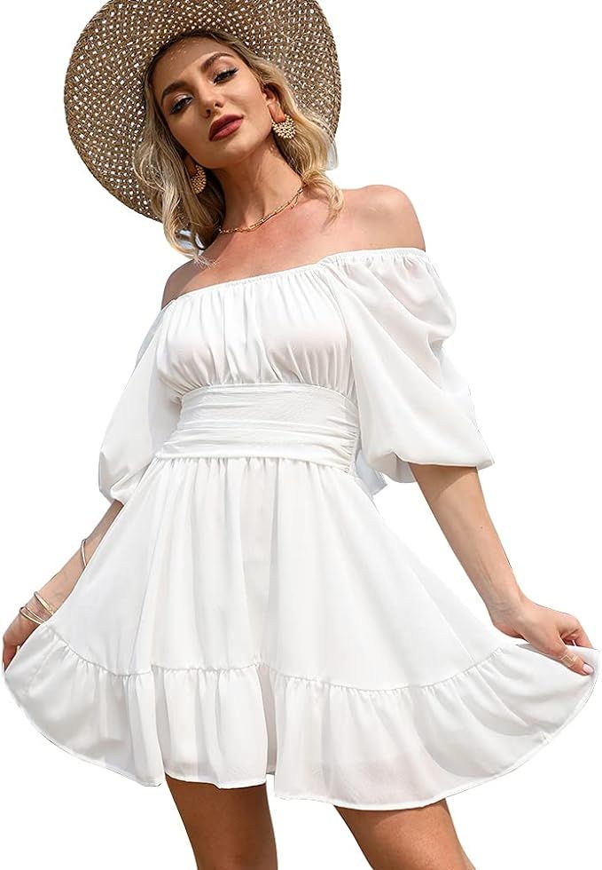EXLURA Womens Lantern Sleeve Tie Back Dress Ruffled Off Shoulder A-Line Vintage Mini Dress | Amazon (US)