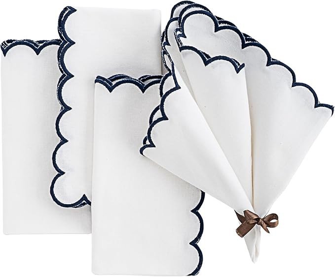 Navy Blue and White Napkins, 100% Cotton Cloth, Scalloped, Set of 4, Embroidery, Wedding, Farmhou... | Amazon (US)