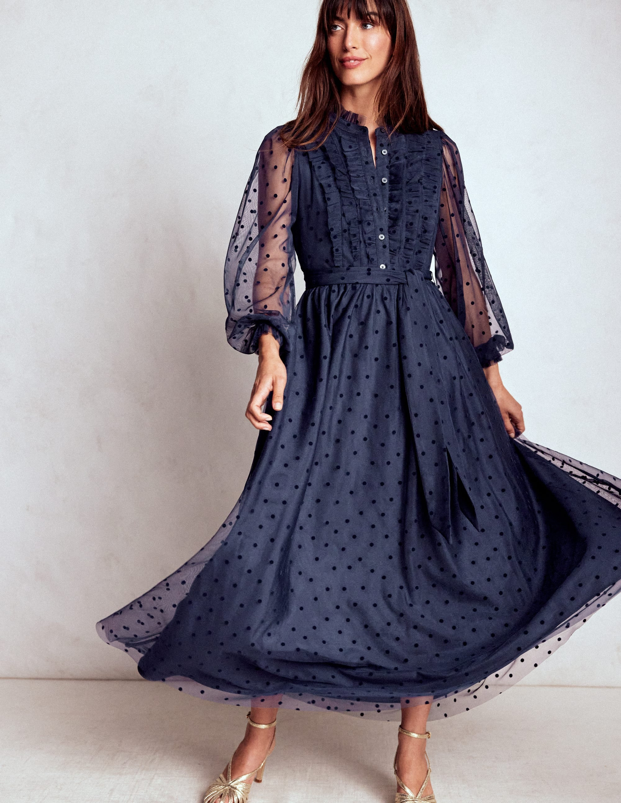 Tulle Ruffle Maxi Dress-Navy | Boden UK