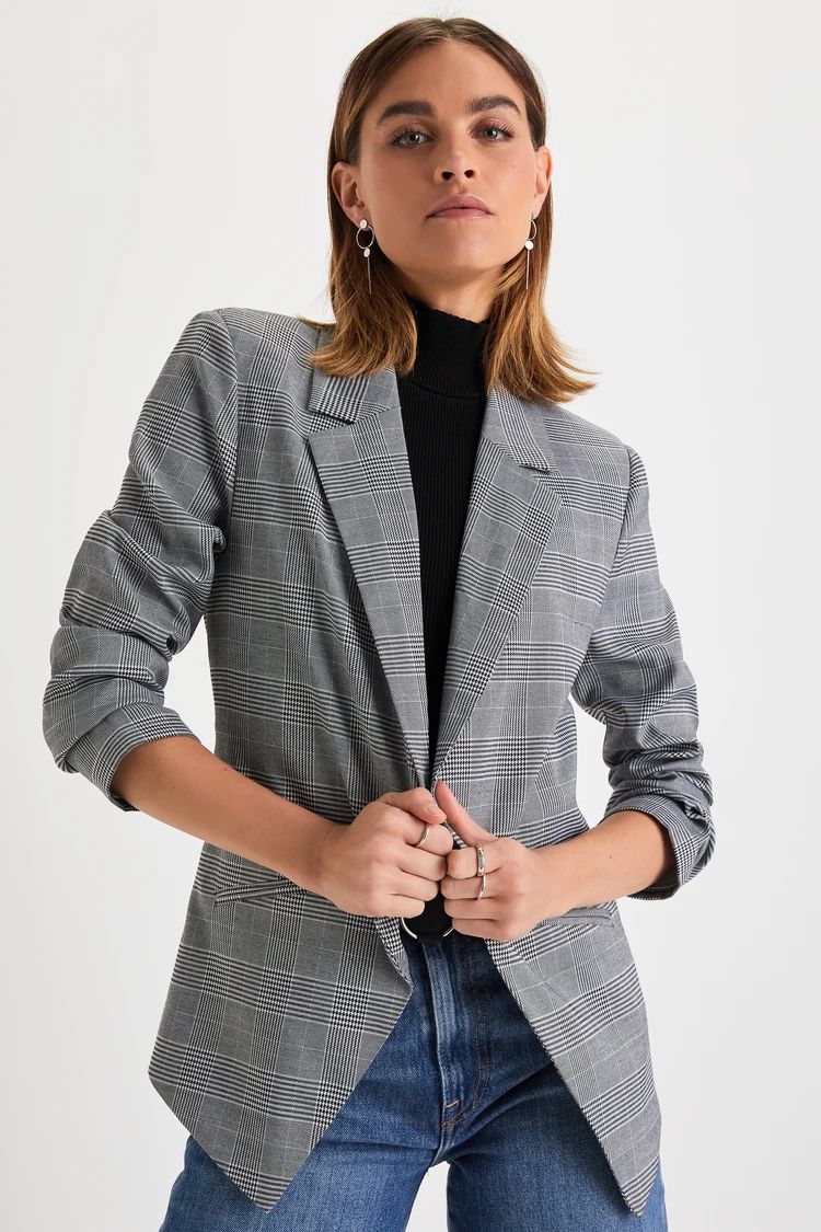 Professionally Iconic Grey Plaid Open-Front Blazer | Lulus