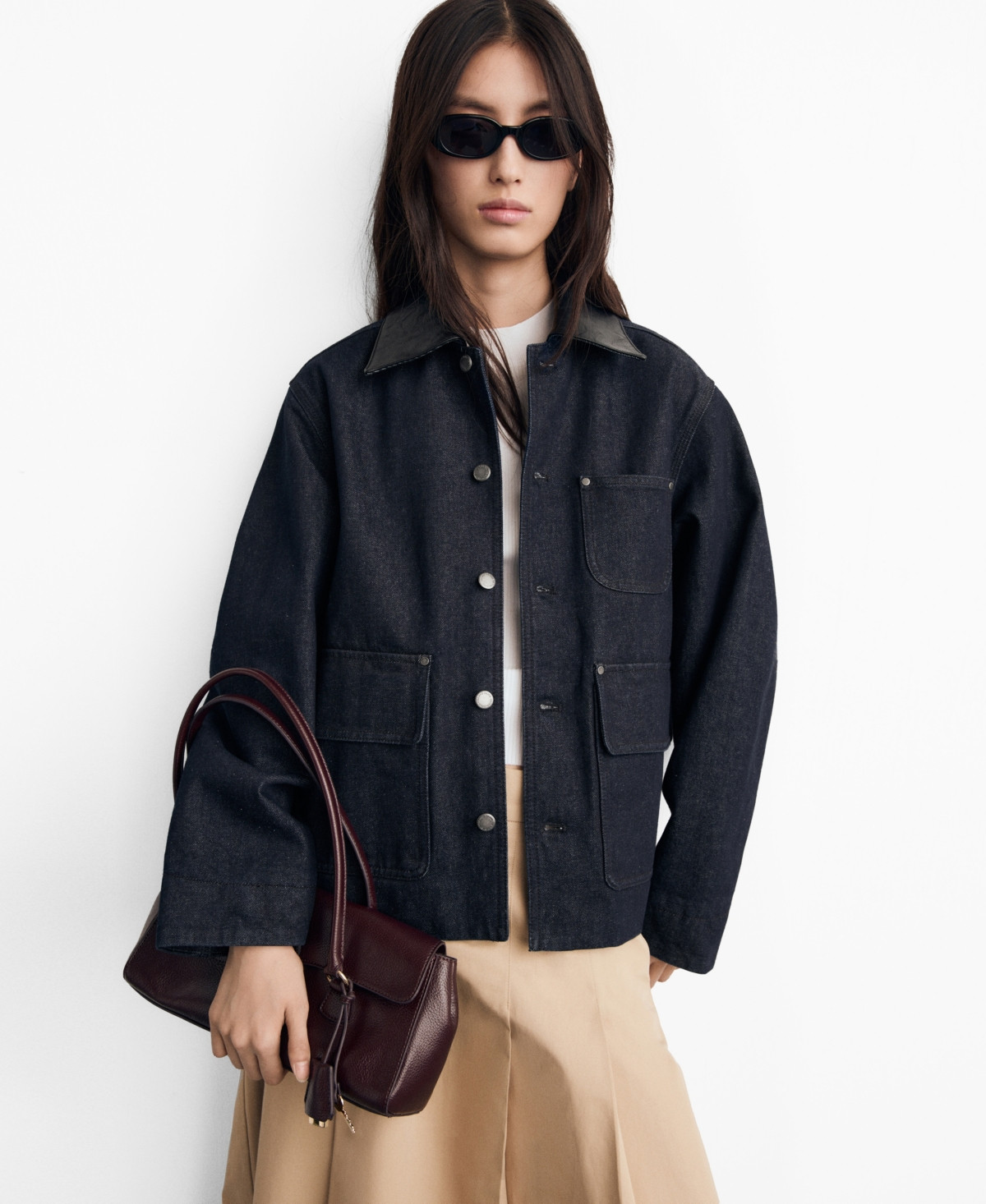 Mango Women's Leather-Effect Collar Denim Jacket - Open Blue | Macy's