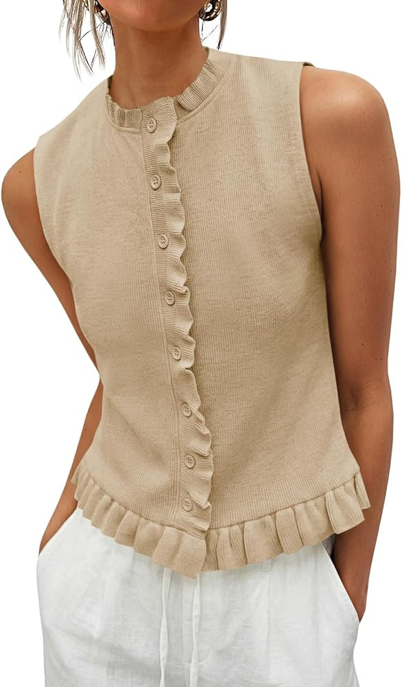 Saodimallsu Womens Sleeveless Sweater Vest Ruffle Button Down Knit Tank Top Summer Trendy Going Out Vest Tops | Amazon (US)