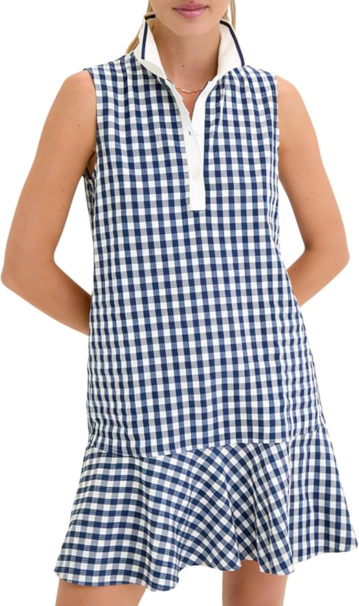 Womens Gingham Polo Dress V Neck Sleeveless Ruffled Hem Mini Dresses Plaid Button Front Tennis Dr... | Amazon (US)