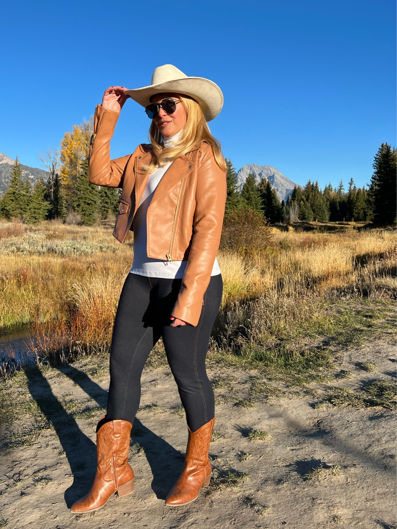 A casual fall look while visiting Jackson Hole Wyoming. A faux leather jacket is so on trend and comfortable. I’m wearing a large and it fits true to size. Also linking other jackets at various price points.

Faux leather jacket large 
Denim leggings large
Western boots size 10 


#LTKSeasonal #LTKShoeCrush #LTKStyleTip #LTKItBag #LTKFindsUnder100 #LTKOver40 #LTKMidsize #LTKTravel #LTKNYFW #LTKU #LTKFallSale #LTKFindsUnder50 #LTKCon #LTKBacktoSchool