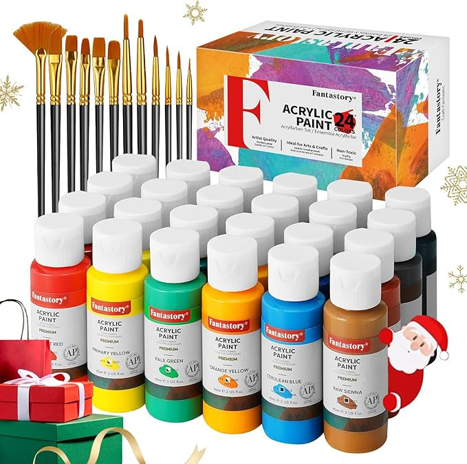 Acrylic Paint Set, 24 x 2 oz + 12 Brushes; Christmas Acrylic Paint, Fade-Resistant, Waterproof; S... | Amazon (US)