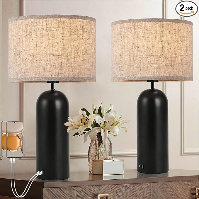 Table Lamps Set of 2 Touch Control Black&Cream Table Lamps 3-Way Dimmable Lamps with USB A+C Port... | Amazon (US)
