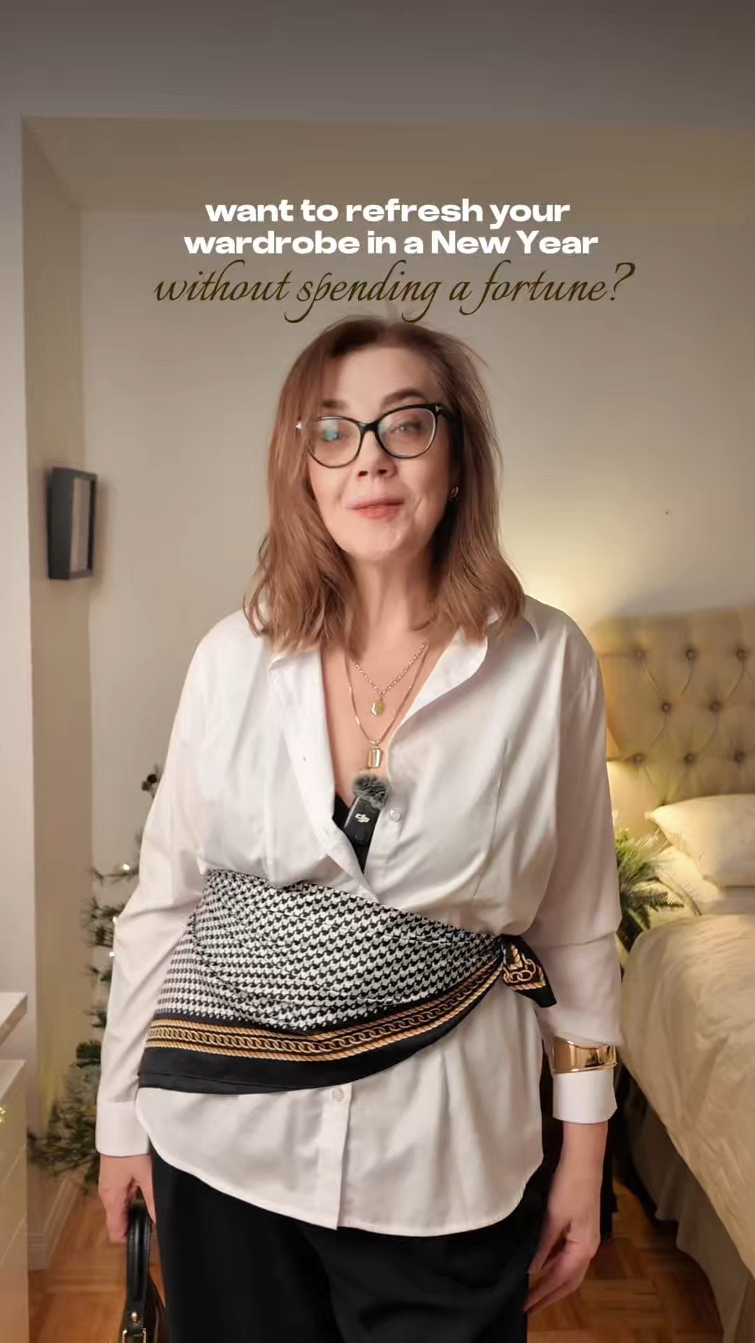 How to refresh your wardrobe for 2026 without buying anything new? 
Tip #1: We all have black pants and white button down shirt in our wardrobe. It’s the old time classic. Wear the shirt untucked and tie a silk scarf over the waist in a matching or complementary colors for the updated look. With classic items they will never know if it’s Prada or Zara - as long as they fit well. Don’t forget to add some jewelry, preferably in metal like silver or gold.
Second tip is to mix and match your old pieces in a new way. I’m wearing my old sweater with crisp white shirt underneath. You can wear tee shirt under for refreshed look. Pin the hem of the sweater with vintage brooch or two so it looks interesting and adds shape to your body.
Lastly, don’t be afraid to mix and match the fancy festive pieces with casual and business clothes for the relaxed current look.
How are you refreshing your wardrobe in 2026? Comment below ⬇️ 
Save for inspiration and share with a friend! Follow for more tips on style and beauty for women over 40.

#LTKstyletip #LTKmidsize #LTKwinter