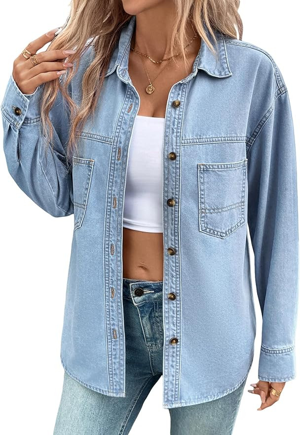 Sidefeel Women Denim Shirts Oversized Long Sleeve Button Down Blouse V Neck Casual Top Shackets | Amazon (US)
