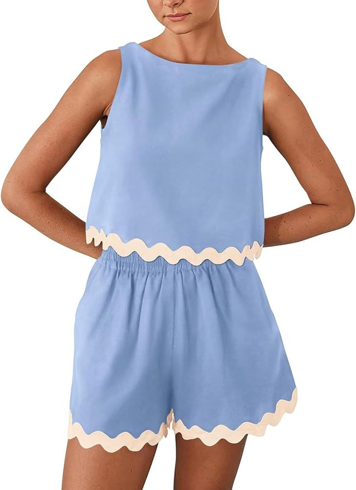 Womens 2024 Summer 2 Piece Ste Tank Top and Shorts Pajama Sets Sleeveless Casual Lounge Sleepwear... | Amazon (US)