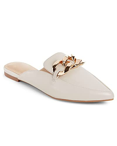 Juliet Holy Womens Mules Flats Pointed Toe Backless Loafers Slip on Metal Chain Slides Cream | Amazon (US)