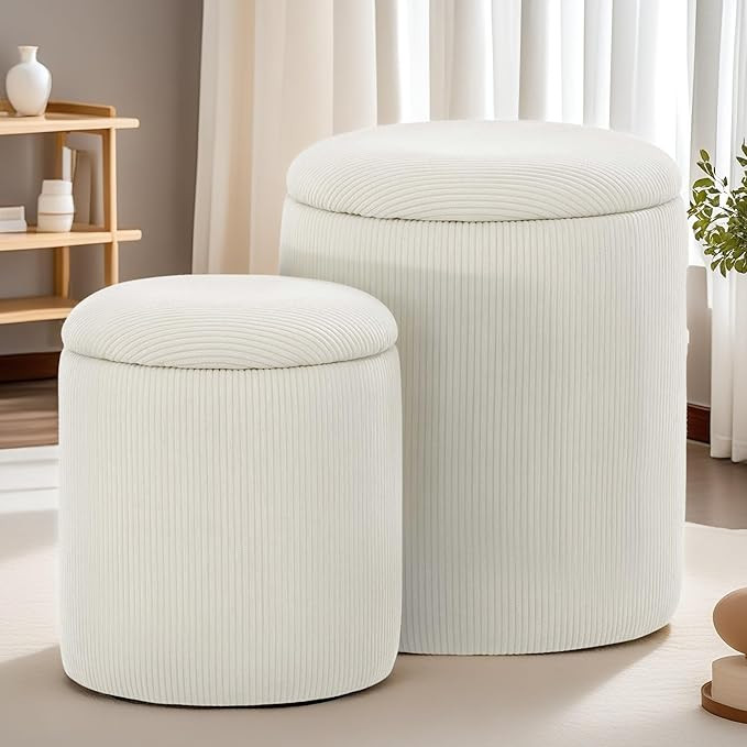 Round Ottoman with Storage, Set of 2, Small Ottoman with Storage as Vanity Chair, Corduroy Beige ... | Amazon (US)