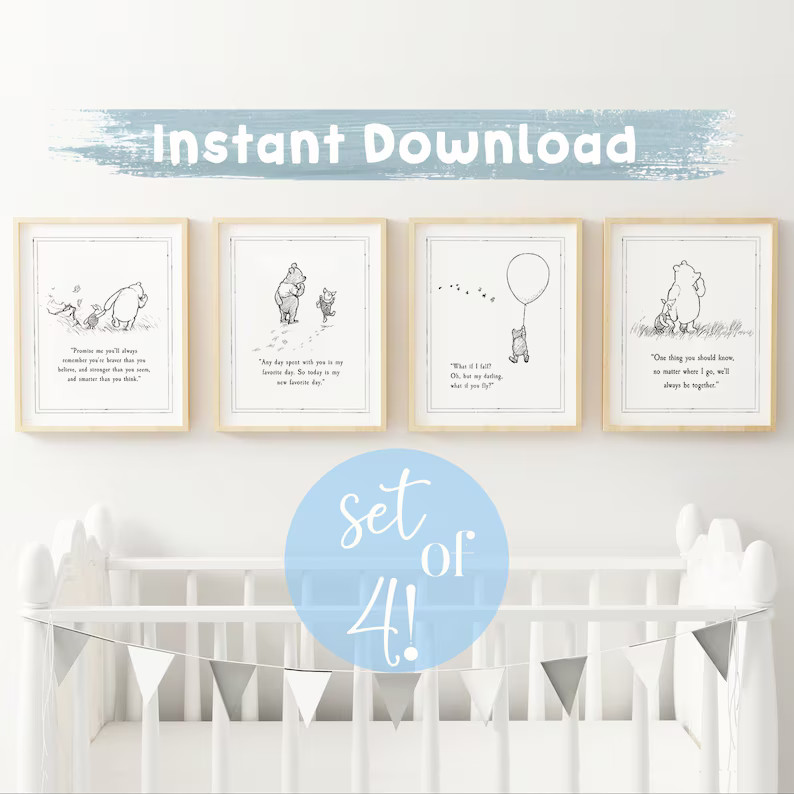 SET of 4 Winnie the Pooh Quote, INSTANT DOWNLOAD, Birth, Christening, Nursery Picture Gift, Nurse... | Etsy (US)