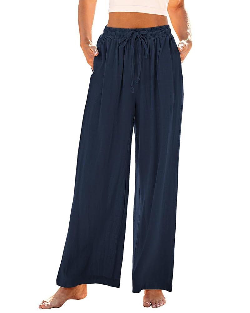 GRAPENT Wide Leg Pants Woman Linen High Waisted Pull On Flowy Casual Baggy Drawstring Palazzo Tro... | Amazon (US)