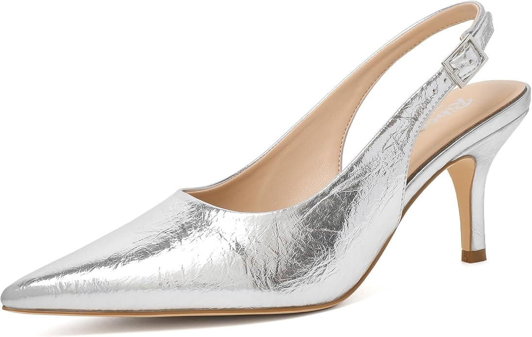 RIBONGZ Slingback Heels for Women Kitten Heels Closed Pointed Toe Ankle Strap Low Heeled Sexy Pum... | Amazon (US)