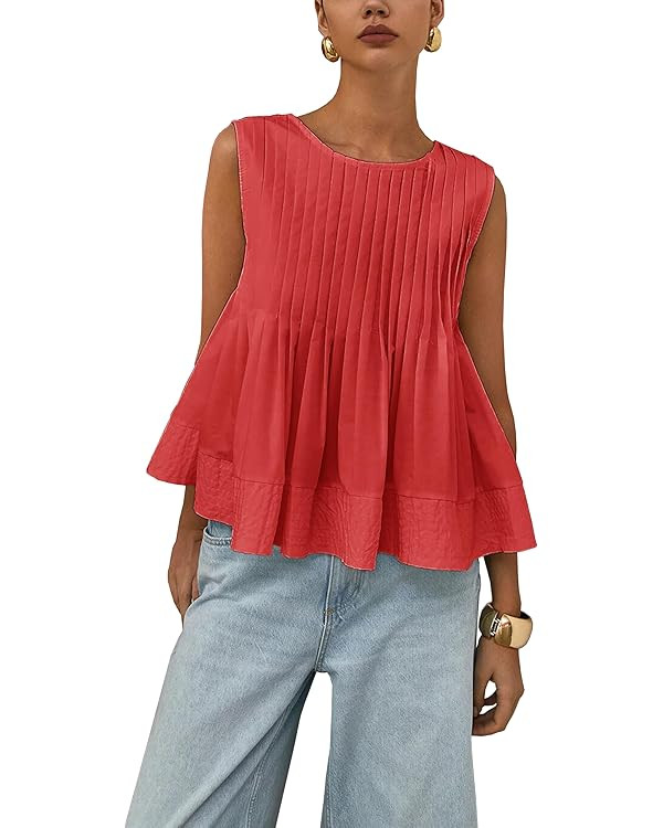 Womens Summer Tank Tops Pleated Babydoll Tops Sleeveless Peplum Casual Blouse T Shirts | Amazon (US)